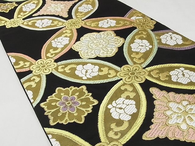 平和屋本店□極上 西陣 川島織物 六通柄 本袋帯 唐織 花七宝文 黒地