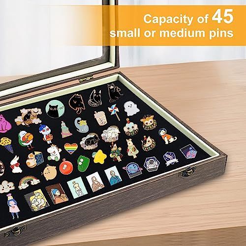 ピンバッジ ケース,13.8*9.4インチ透明窓木製ピンディスプレイ