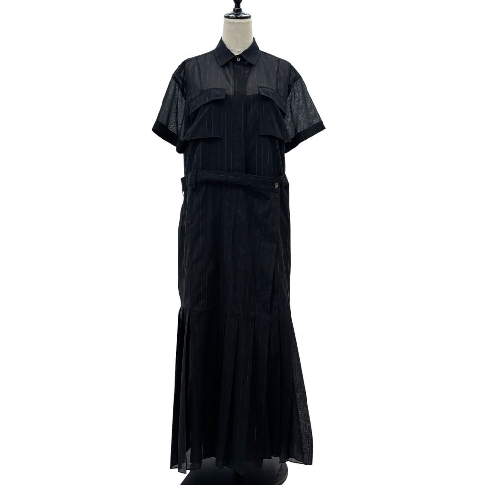 23SS sacai サカイ Chalk Stripe Dress 半袖 マキシワンピース 23-06539 サイズ4 ブラック レディース 古着