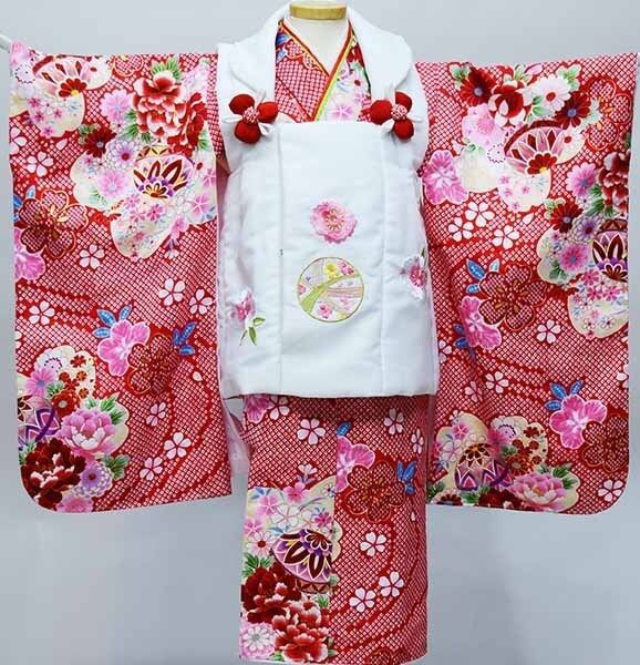 七五三 三歳 女児 被布着物フルセット 半衿伊達襟付き 花ひめ 合繊 3歳 3才 三才 かかと止め付き お仕立て無料 NO37013