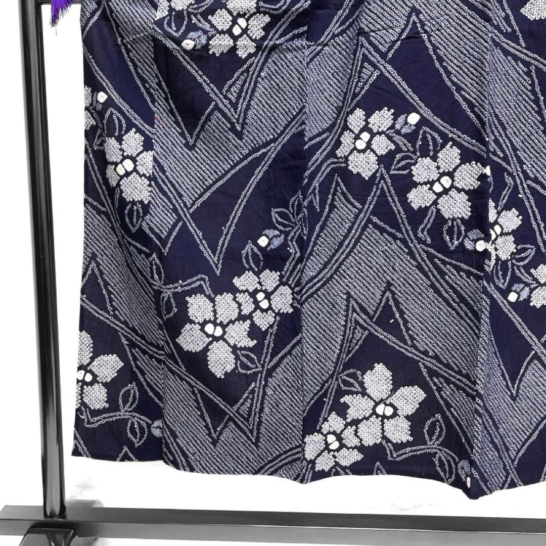 藍染　変わり菱　花模様　浴衣　有松鳴海絞り　着物　042a p 藍染 変わり菱 花模様 浴衣 有松鳴海絞り 着物 042a p