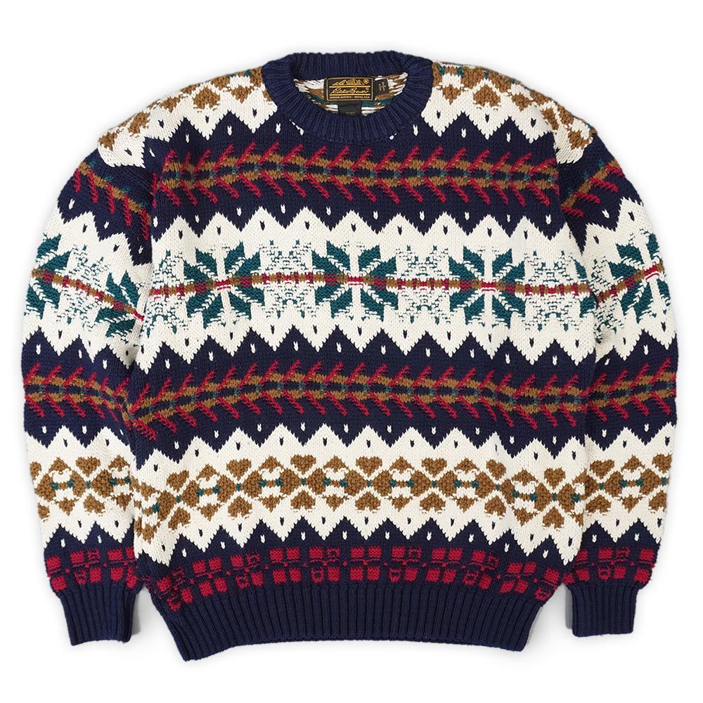 エディーバウアー Eddie Bauer 90s ノルディック柄 コットンニット セーター 黒タグ USA製 古着 (-0429) ネイビー系 総柄 L エディーバウアー Eddie Bauer 90´s 90年代 総柄 ノルディック柄