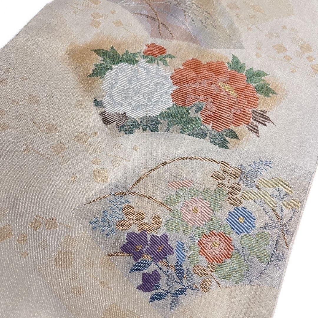 刺繍 花菱 菊花 格子模様 袋帯 着物 113a p （高速配送 紬に刺繍
