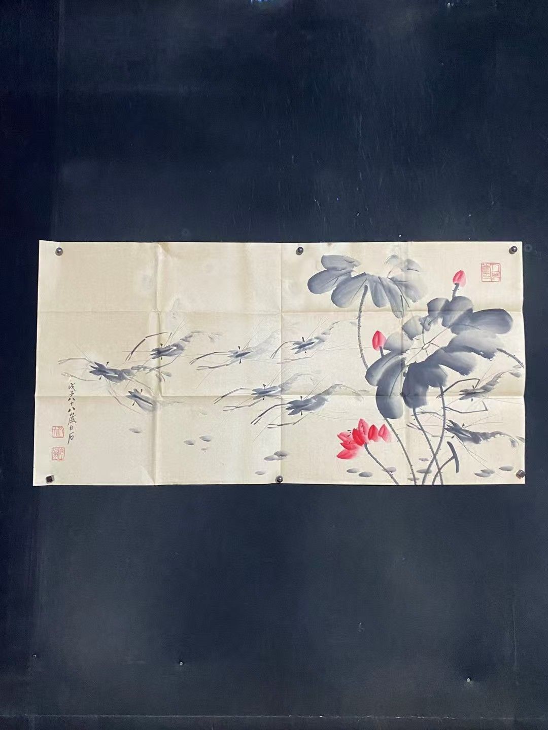 中国古美術・純手描き四連えび画・水墨画・動物図・書道・肉筆・宣紙・茶道・賞物 中国古美術. 旧蔵.齊白石款.手描き.蝦趣圖.書道品.宣紙水墨畫.賞