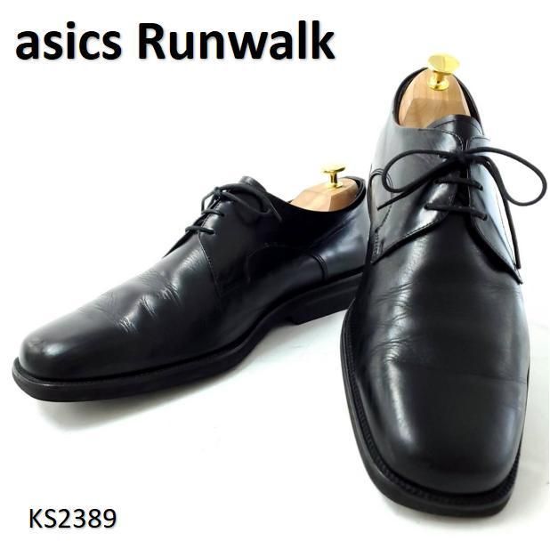アシックスランウォーク プレーントゥ 外羽根 本革 レザー ブラック