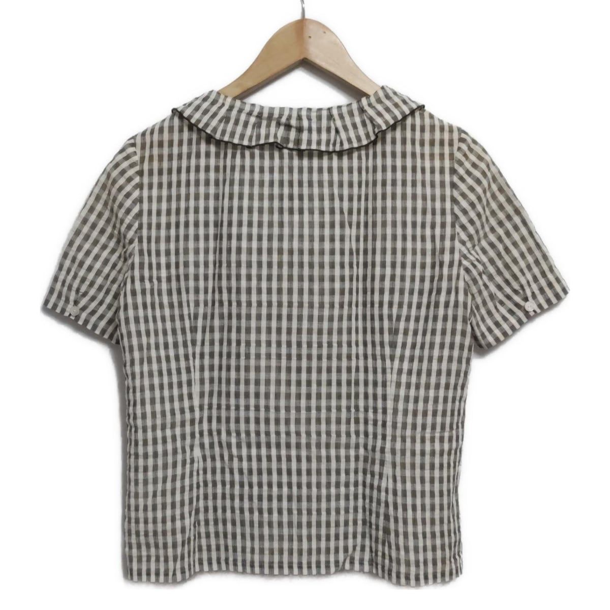 HANAE MORI ハナエモリ 半袖シャツブラウス サイズ38 M レディース - アイボリー×グレー×グレーベージュ チェック柄 フリル