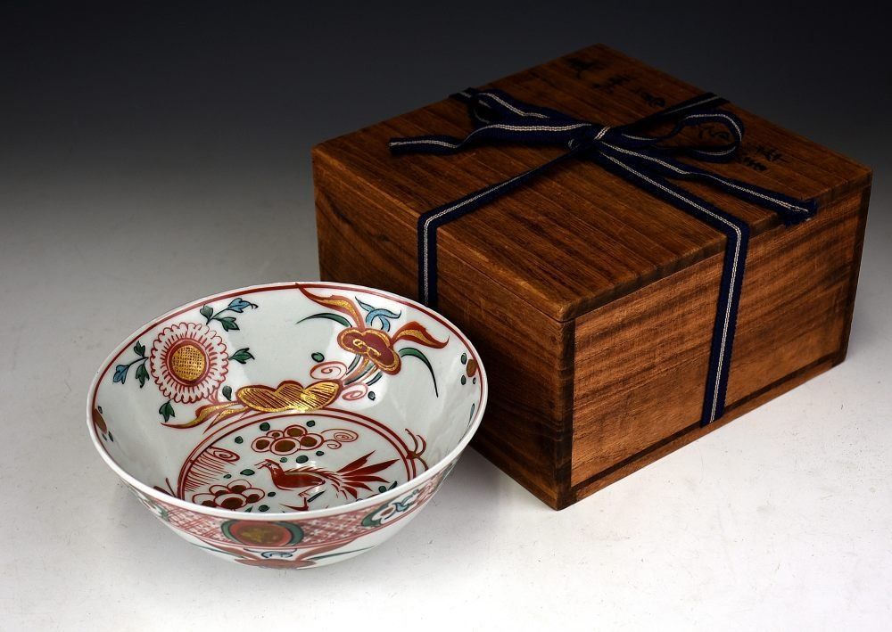 【蔵A2217】九谷 永寿造 呉須赤絵茶碗 共箱 無傷