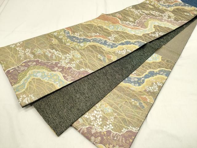 袋帯 六通柄袋帯 金糸 ゴールド 霞文様に唐織 花菱 パープル 紫