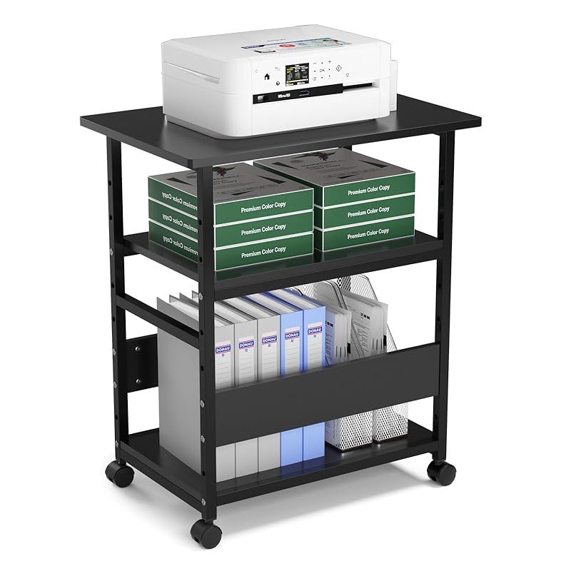 DEWEL プリンター台 幅60×奥行40×高さ70cm キャスター付き プリンターラック 3段 中棚調整 総耐荷重60kg 木製 スライド棚 サイドワゴン プリンターワゴン 組み立て簡単 ブラック 0