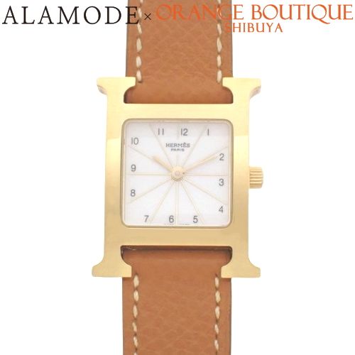 HERMES エルメス Hウォッチ クオーツ腕時計 レザー GP ゴールド