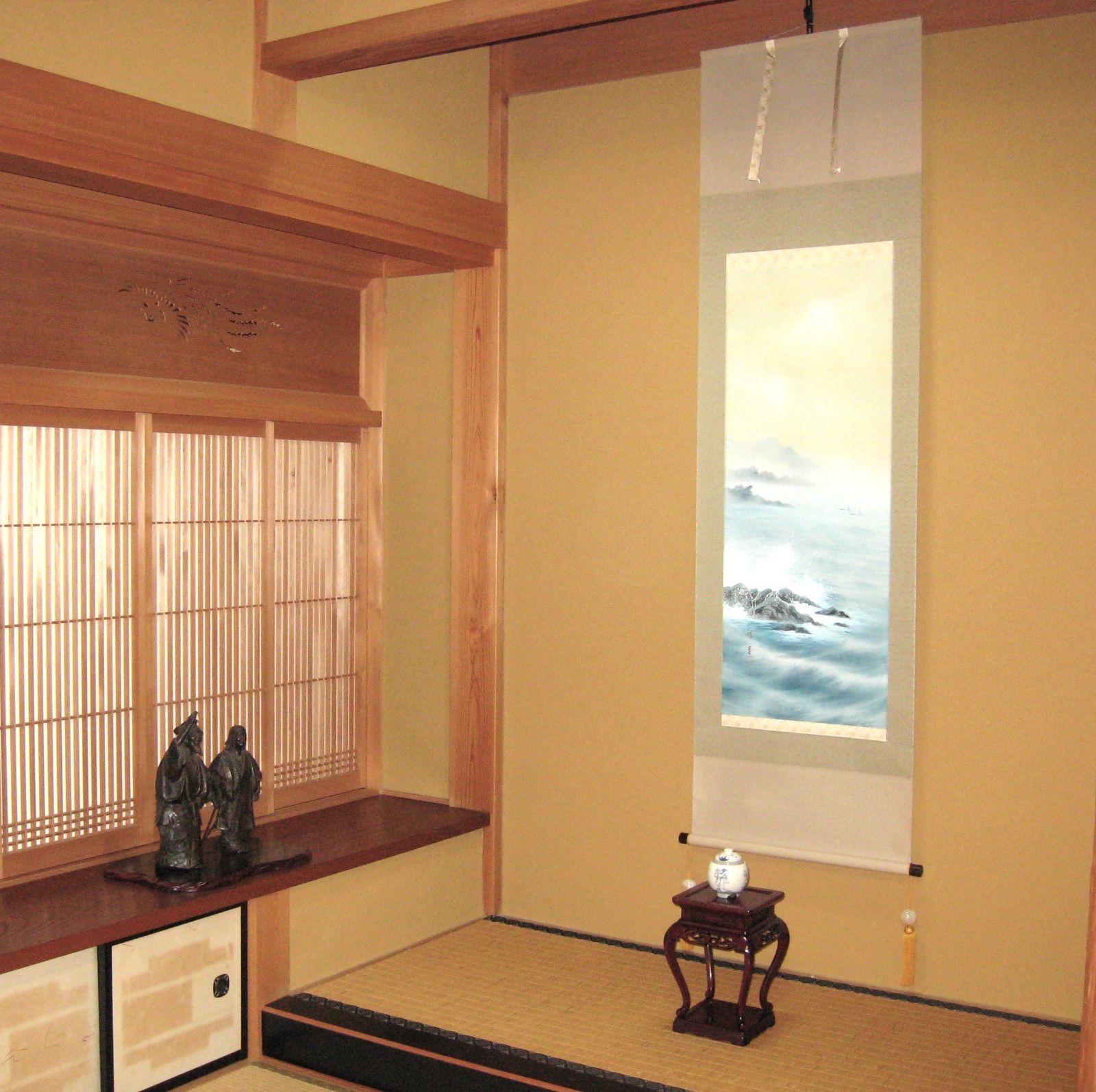 【特価掛け軸】彩色山水(夏の海の風景)◆田中祥堂 (真筆・新品)共箱・タトウ箱付 特価軸】掛け軸 彩色山水(夏の海の風景)◇田中祥堂 (真筆・新品