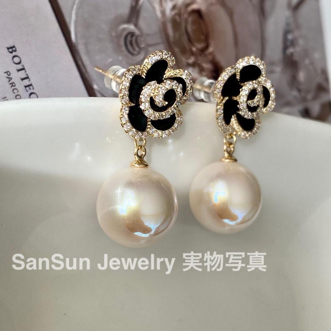 SS167 ブラックローズ×パールピアス 揺れる 黒カメリア 薔薇