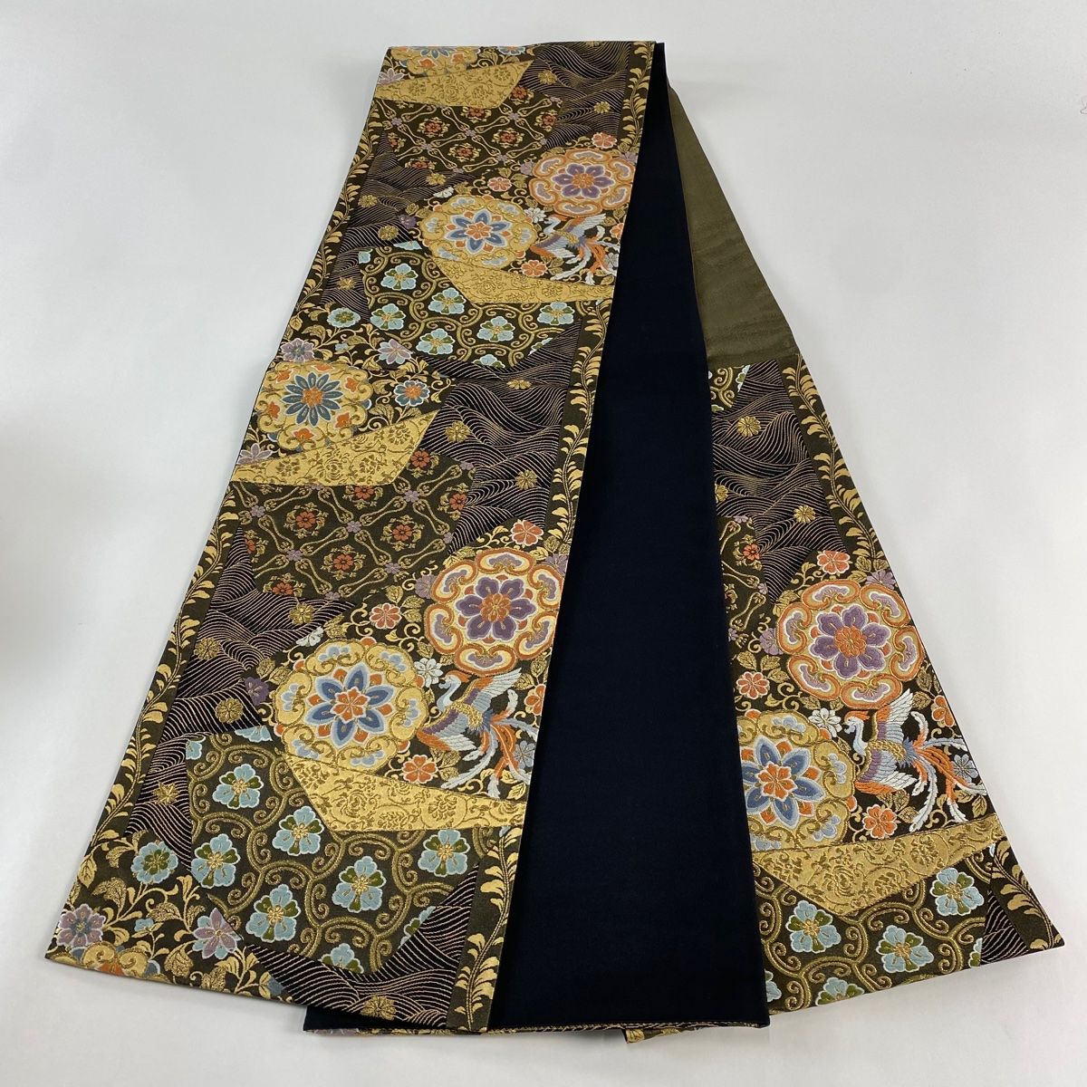 袋帯 秀品 華文 波 金糸 箔 黒 六通 正絹 【中古】 袋帯 美品 秀 袋帯 秀品 華文 波 金糸 箔 黒 六通 正絹 【中古】 袋帯 美品 秀