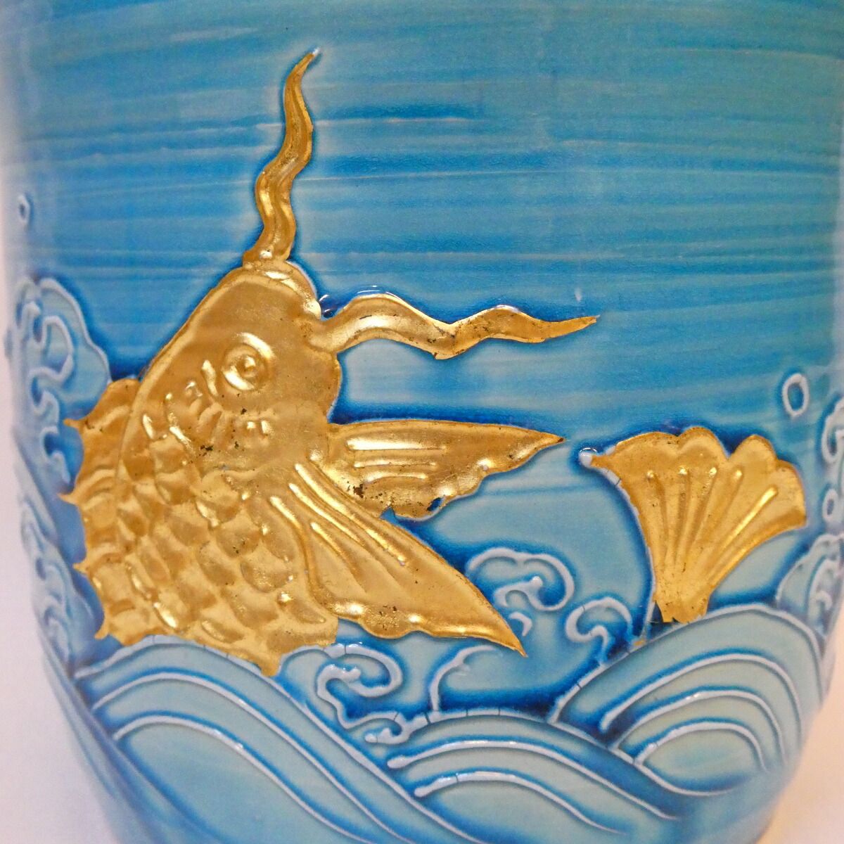 六月の特売品】平安 叶松谷作 浅黄交趾 荒磯水指 茶道具【中古