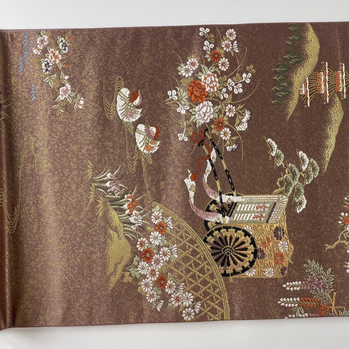 袋帯 美品 秀品 関西仕立て 御所車 鴛鴦 金糸 箔 薄紫 六通 正絹