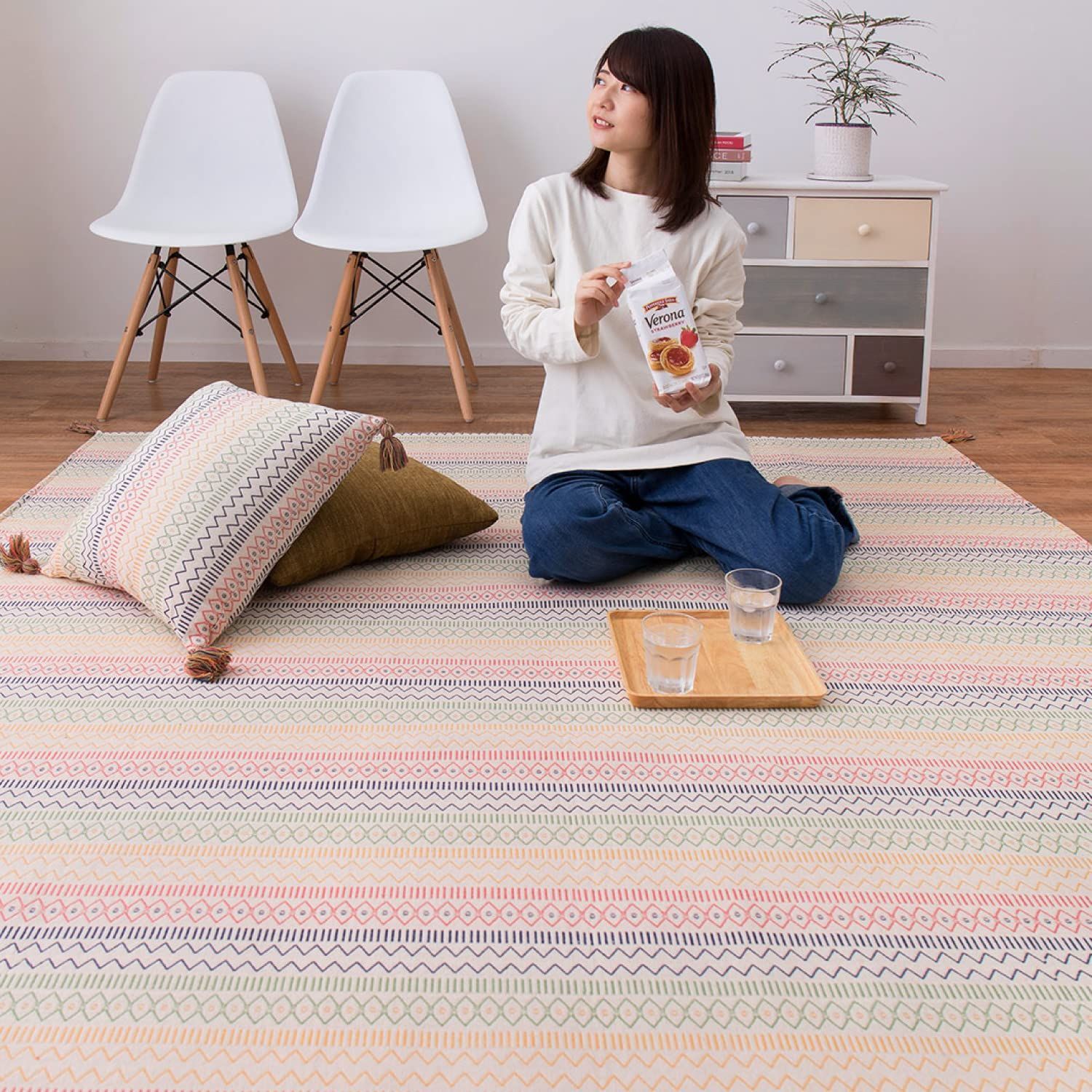 PatternName ラグ 約130×185cm 萩原 ラグ 約130×185cm ハシーナ 洗濯機で洗える 滑りにくい加工付き 綿 柄 タッセル付き