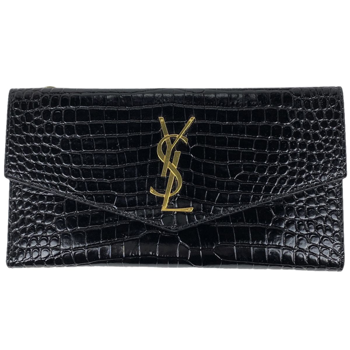 イヴ・サンローラン YVES SAINT LAURENT ロゴ 長財布 型押し 三つ折り財布 札 小銭 カード入れ 長財布 レザー ブラック ブラック レディース 【中古】