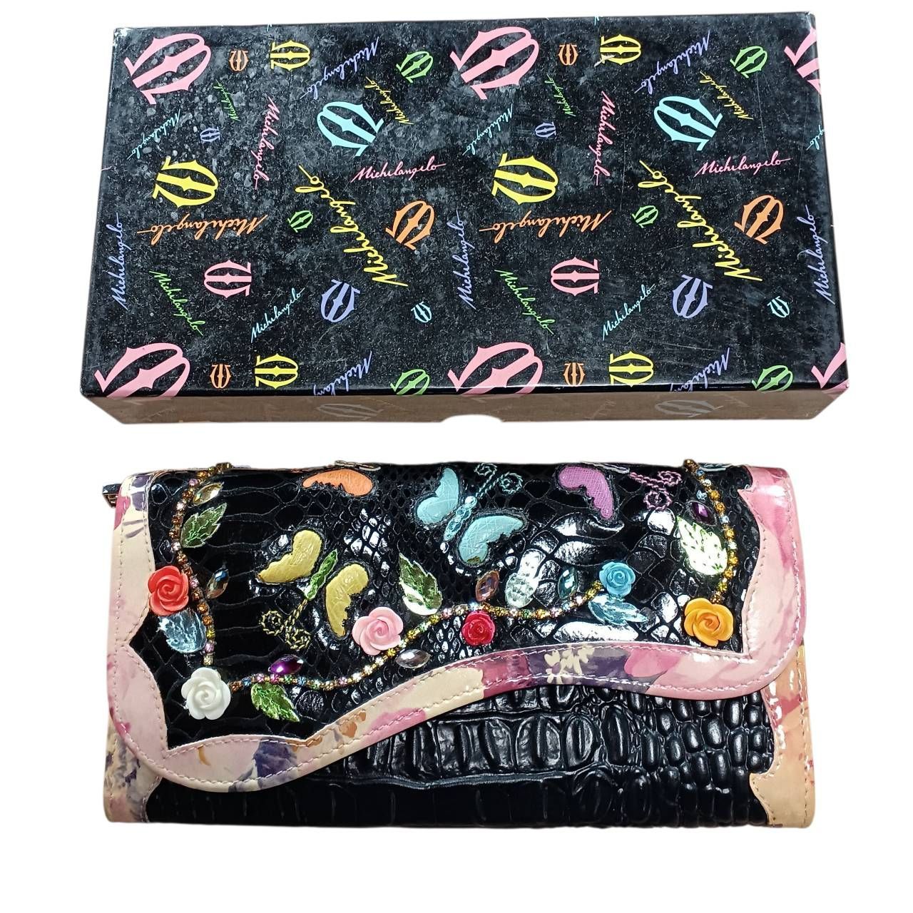 美品✨ MICHEL ANGELO 長財布 ビジュー 刺繍 型押し 多目的 N1273】MICHELANGELO ミケランジェロ 長財布 ビジュー 刺繍 型