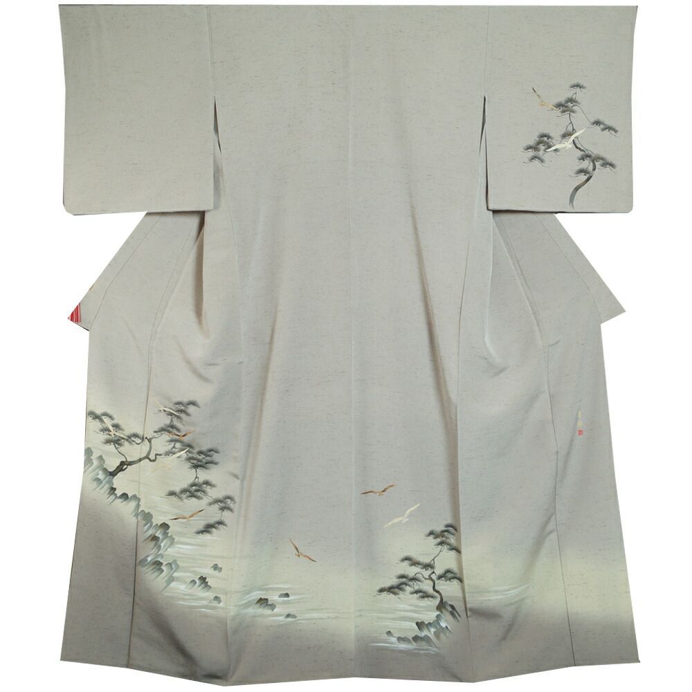洒落訪問着 蓑虫工芸作家 田尾笛秋 ぜんまい紬 浜辺に海鳥模様 【 中古】【みのむし 作家物 落款有り 紬の訪問着 紬 リサイクル着物 仕立て上がり 正絹 訪問着 購入 販売 きもの天陽】