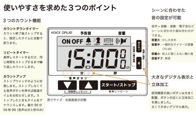GRUS（グルス） 音声タイマー GRS202VJ 弱視 視覚障害 視覚障がい 文字が見やすい 白黒 読み上げタイマー 投薬管理 入浴時間管理 学習 トレーニング インテック