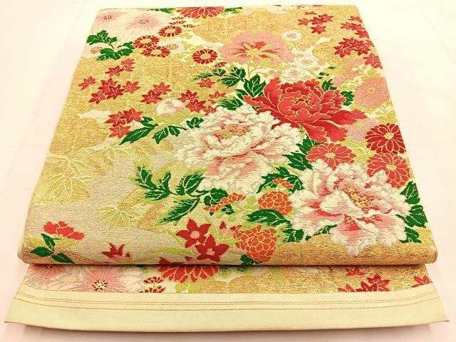 平和屋着物◎六通柄 本袋帯 雲隠れ花文 金銀糸 正絹 逸品