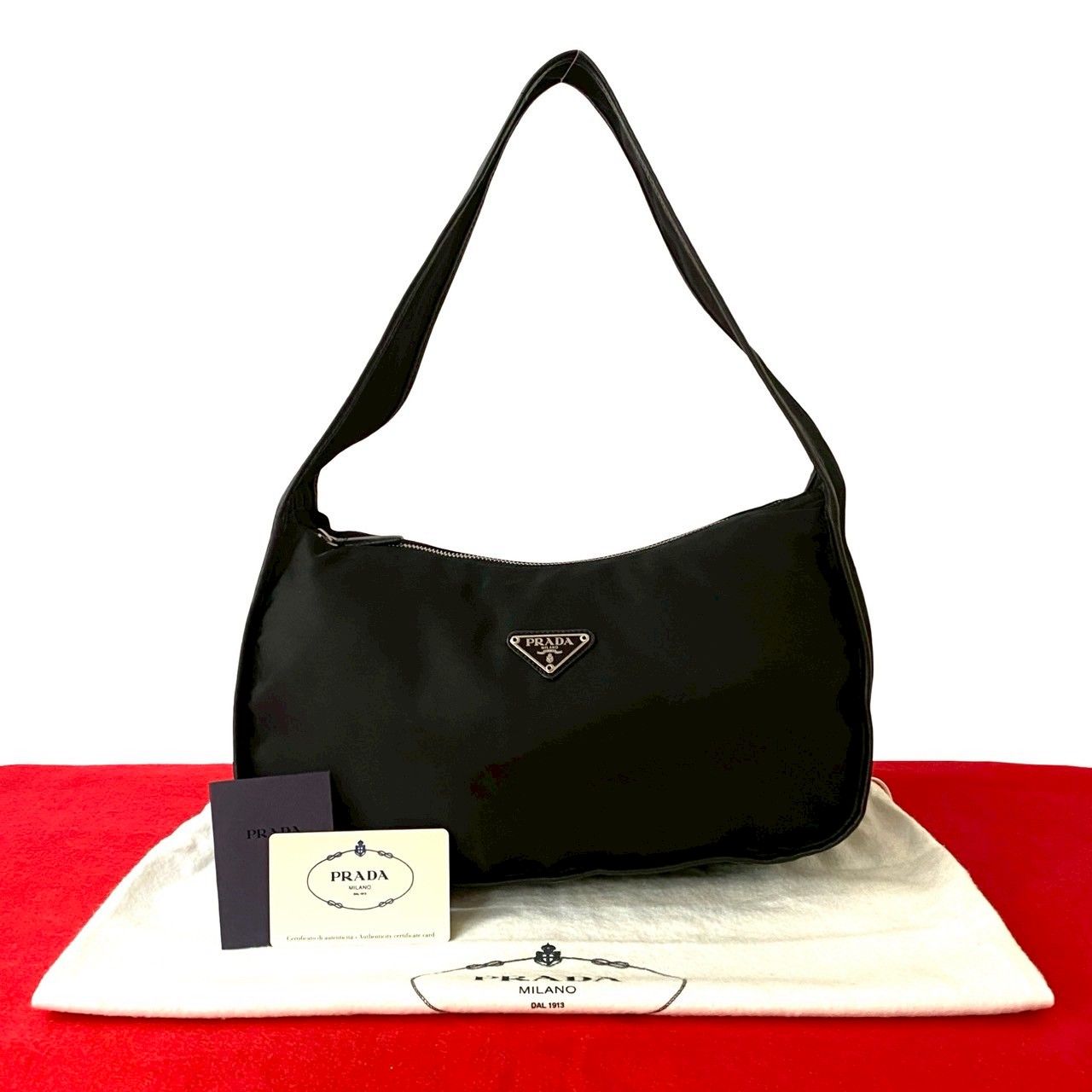 極 美品 保存袋付 PRADA プラダ 三角ロゴ 金具 ナイロン レザー 極美品