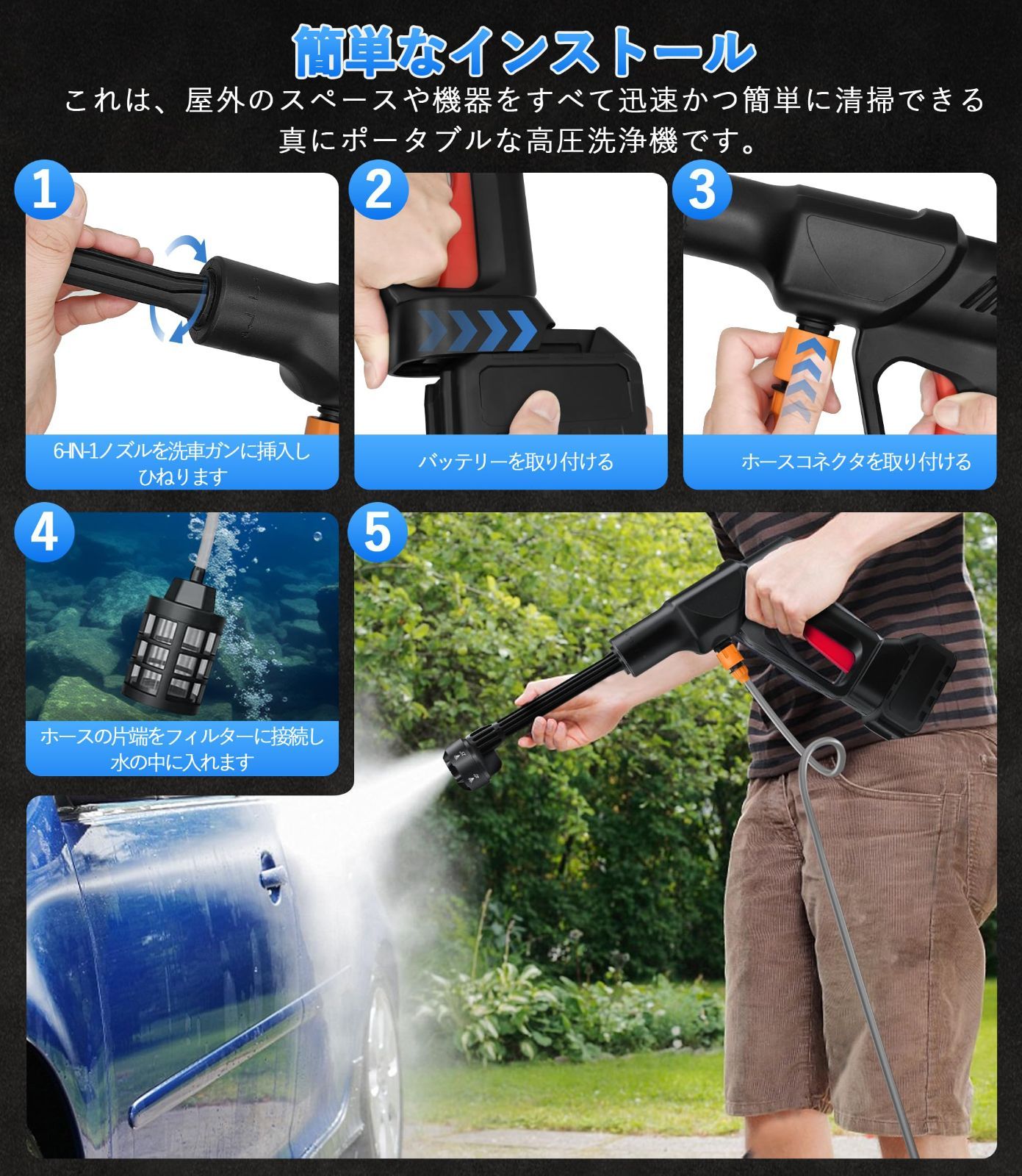 HAODEMI コードレス 充電式 2025新登場-軽量設計 ハンディ 小型 軽量 高圧洗浄機 高圧 洗浄機 6in1ノズル 自吸式噴射距離10M 家庭用洗車機 洗車 庭 外壁 階段 玄関 浴室 日本語取扱説明書 ブラック