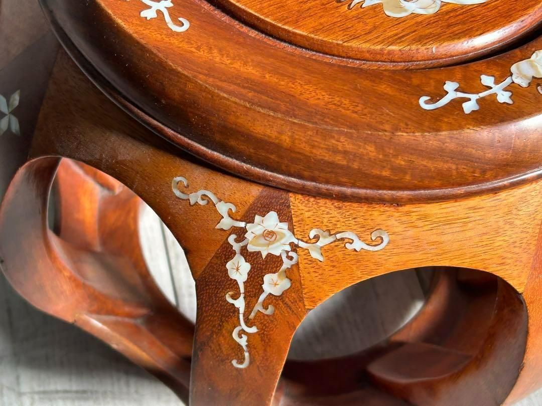 ② 花梨 螺鈿細工 丸椅子 スツール 腰掛 中国美術 工芸品 マホガニー　IG ② 花梨 螺鈿細工 丸椅子 スツール 腰掛 中国美術 工芸品 マホガニー IG