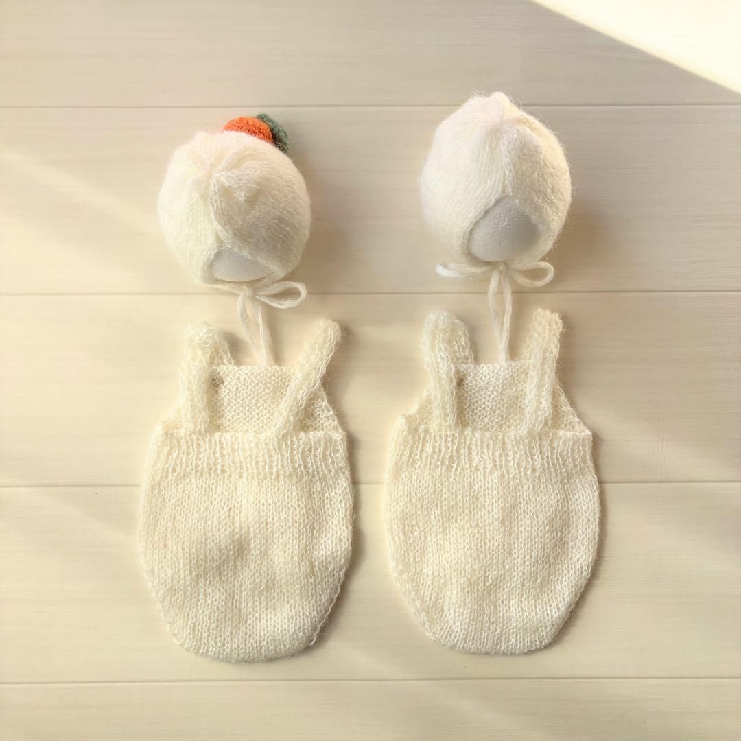 オレンジ♪鏡餅ボンネット 編み込みロンパースセット　ニューボーンフォト撮影衣装 オレンジ♪鏡餅ボンネット 編み込みロンパースセット ニュー