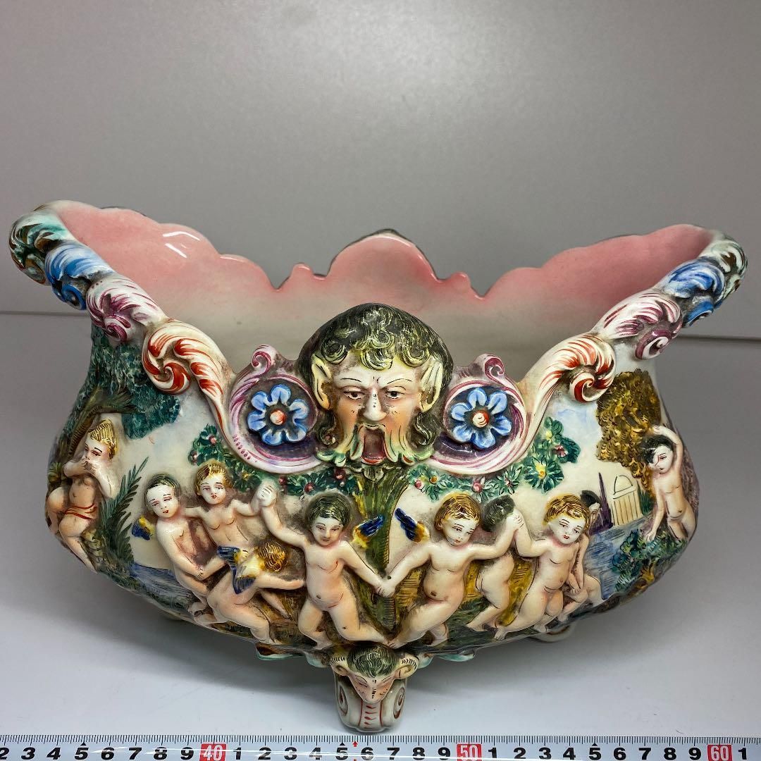 アンティーク カポディモンテ 浮彫天使紋花瓶 径29cm東 H5-0401