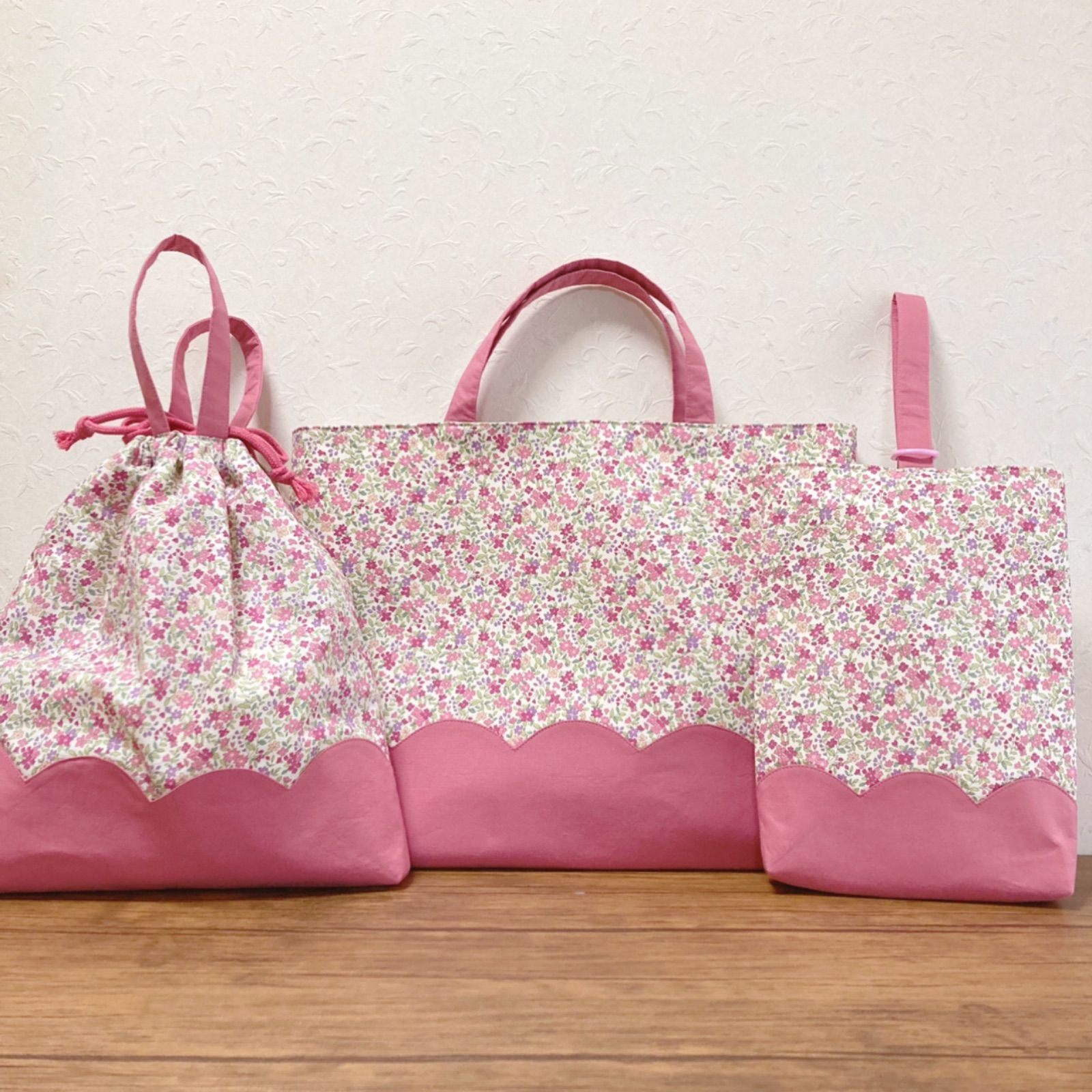 入園入学 3点セット まとめてお得 かわいい 花柄 スカラップ 手提げ