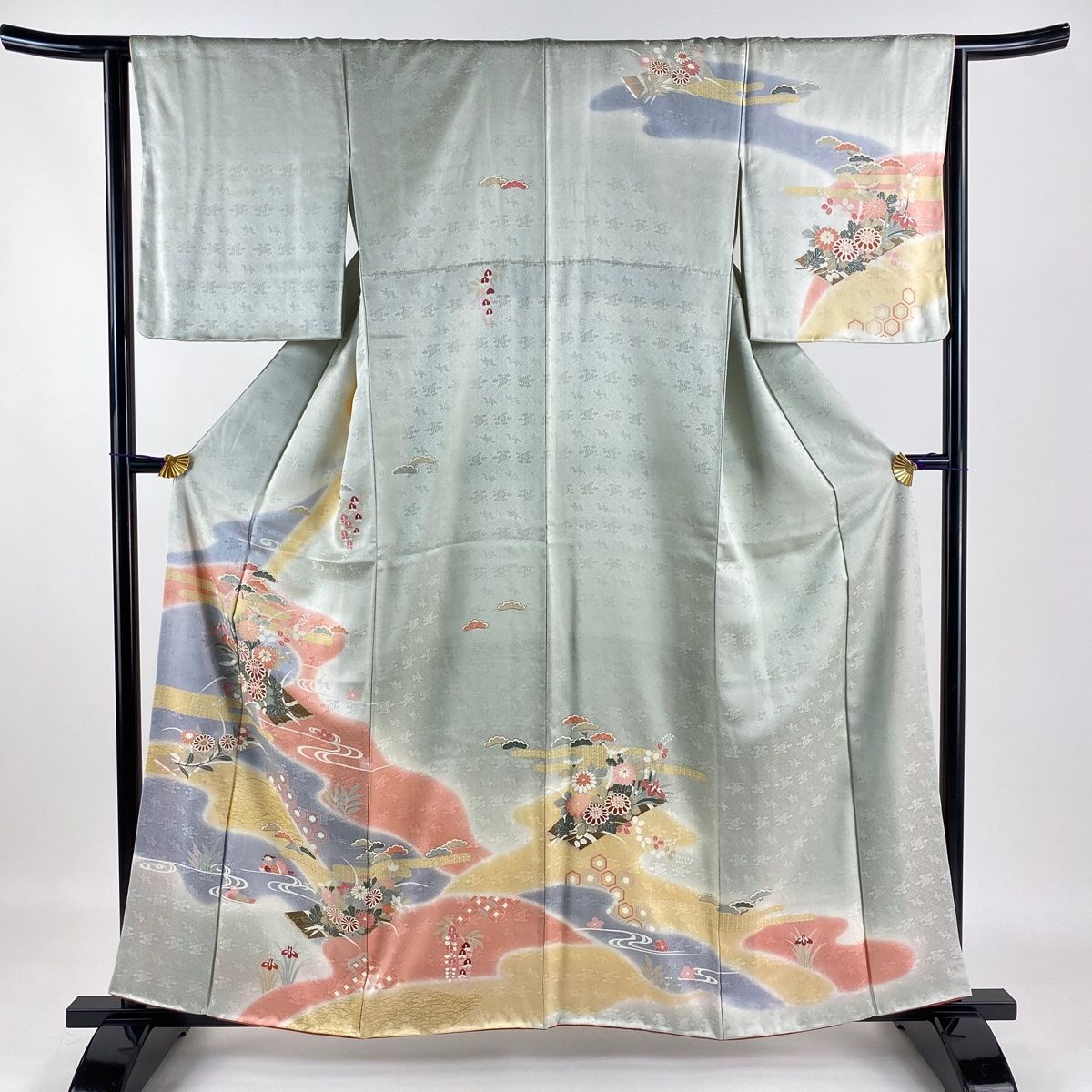 訪問着 身丈158.5cm 裄丈64cm M 袷 花筏 菊 金彩 ぼかし 薄緑 正絹 美  