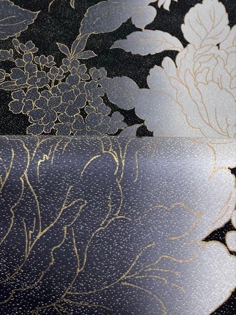 全通 袋帯 バラ モダン モノトーン 銀通し 金彩 正絹