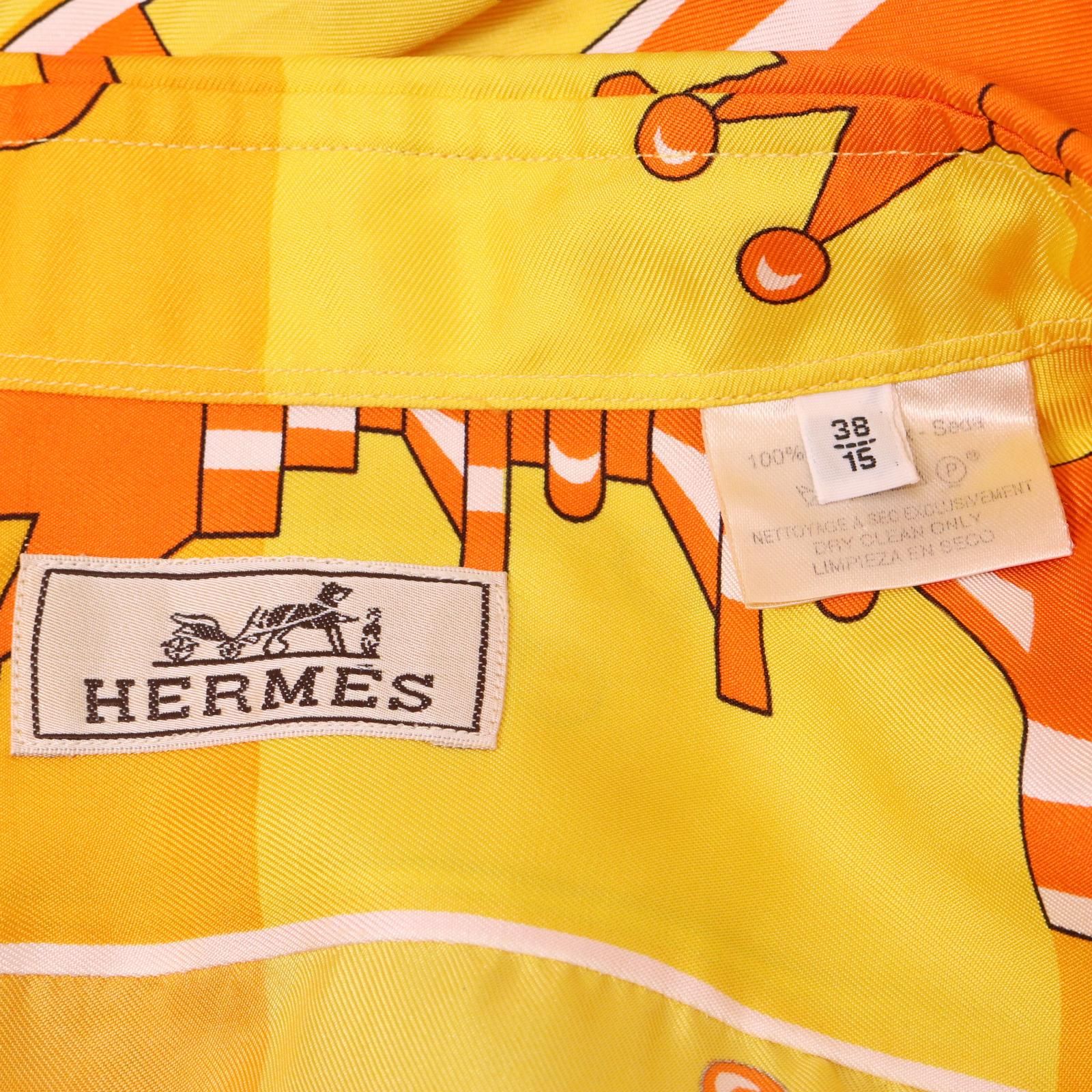 00年代 フランス製 HERMES エルメス シルク長袖シャツ CHESS イエロー (メンズ 38/15) 中古 古着 A0511