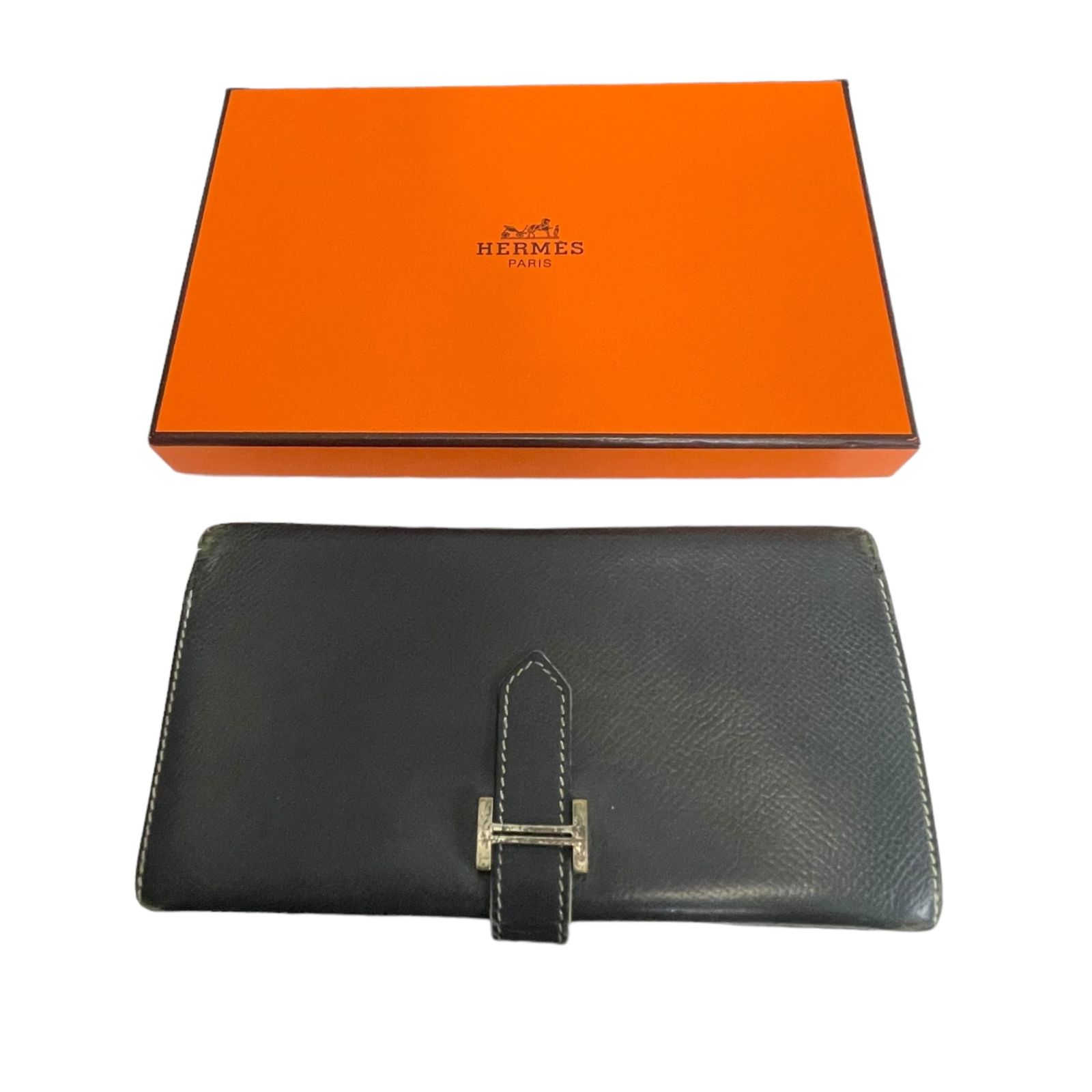 中古品】HERMES エルメス ベアン 二つ折り財布 長財布 ブラック ...