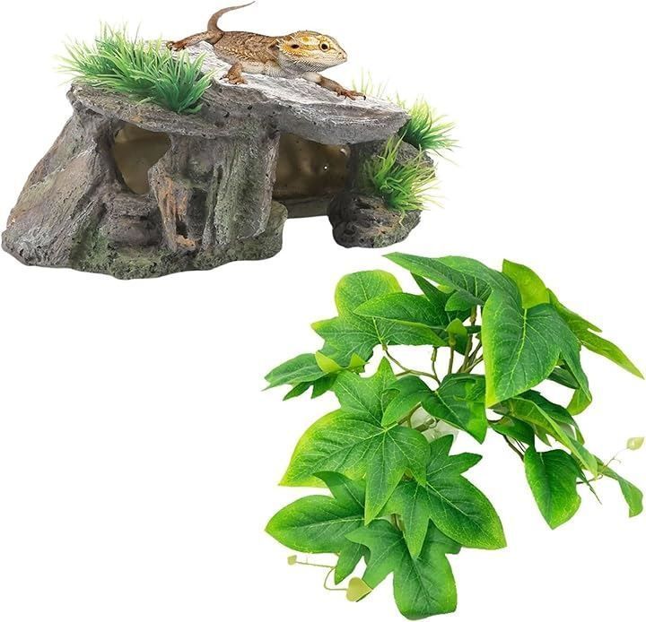 新品Archnote 爬虫類 シェルター レオパ カナヘビ トカゲ 亀 浮島 陸地 人工植物 葉 飼育 隠れ家 イモリ 水槽 テラリウム ビバリウム セット(グ