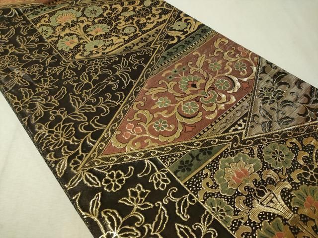 平和屋着物▽六通柄袋帯 更紗切嵌花唐草文 黒地 金糸 正絹 逸品