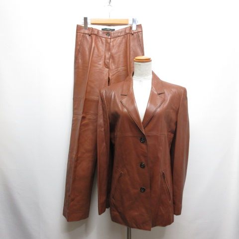 マックスマーラ ウィークエンドライン MAX MARA WEEKEND LINE 本革 レザー ジャケット パンツ セットアップ 40 茶 ブラウン 裏地付き 柔らかめ
