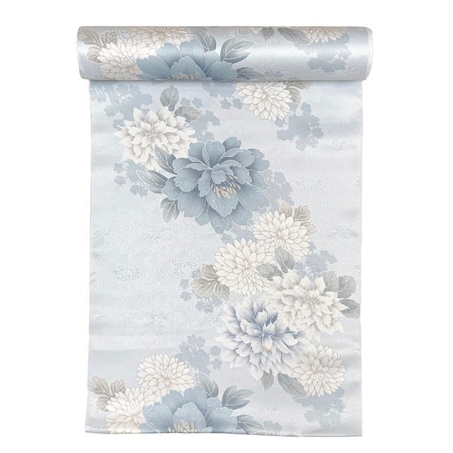 反物 小紋 生地反物 ポリエステル 未仕立て ポリエステル 綸子 パステルブルー 菊と牡丹 KMN-R0021