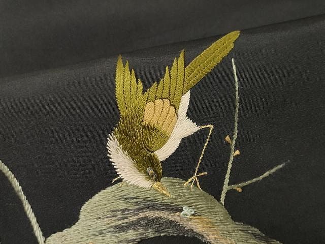 平和屋着物○アンティーク 大正ロマン 九寸名古屋帯 総刺繍 枝梅鳥文