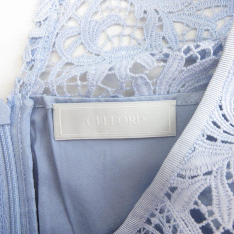 セルフォード CELFORD ワンピース ひざ丈 半袖 レース 総柄 青 ブルー