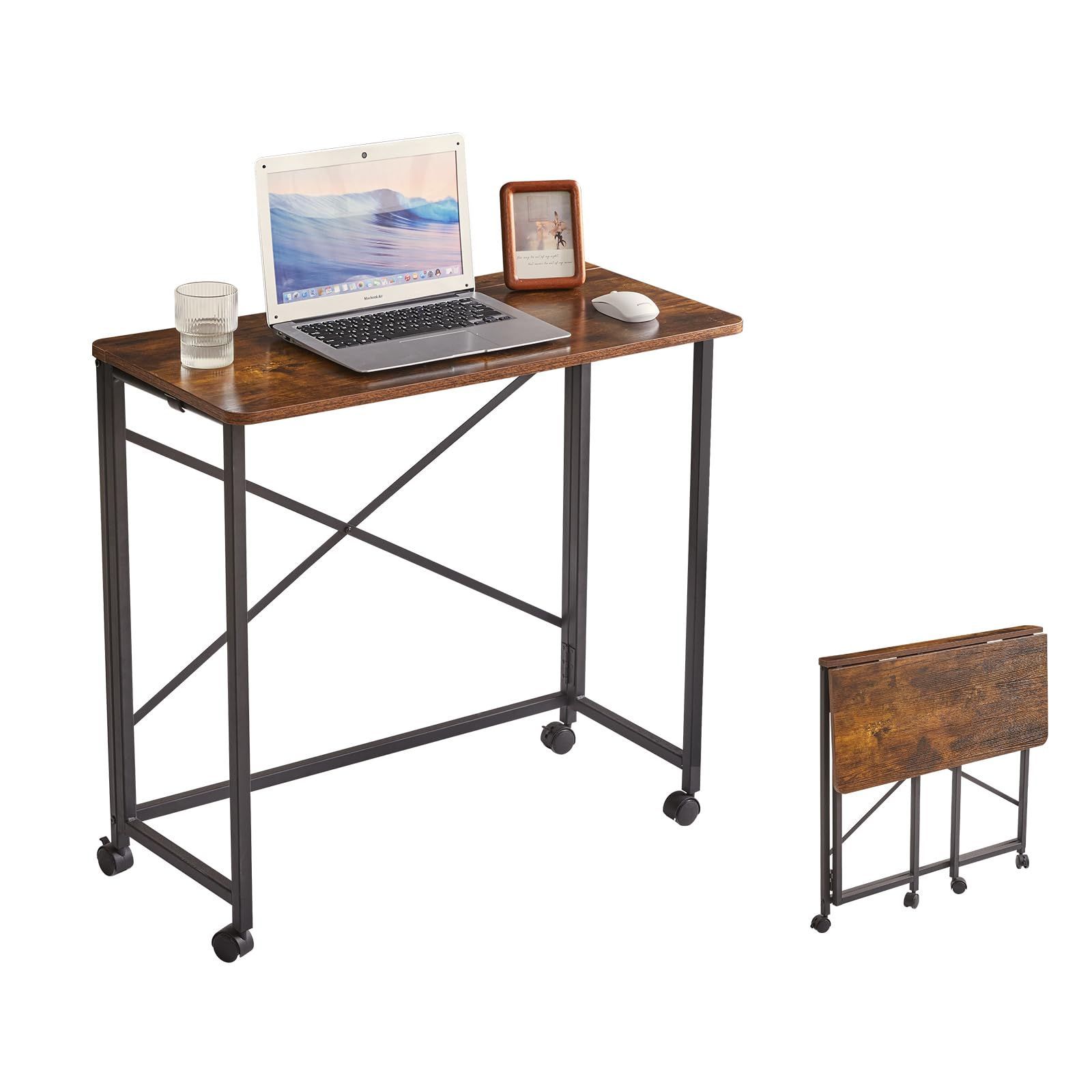 幅80×奥行40×高さ75|77cm 机 アジャスター付き キャスター付き デスク 多機能ミニテーブル 省スペース 折りたたみ 収納便利 サイドテーブル Aibiju ヴィンテージカラー|黒 YD-TM002H