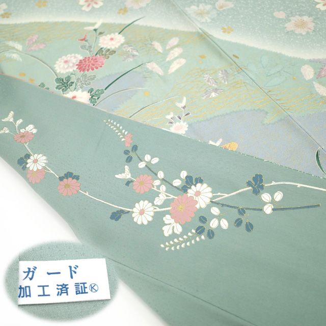 正絹の訪問着 花柄刺繍 緑青グラデーション 着物OT□美品 訪問着 金茶緑青 染め分け 花柄に絞り 正絹