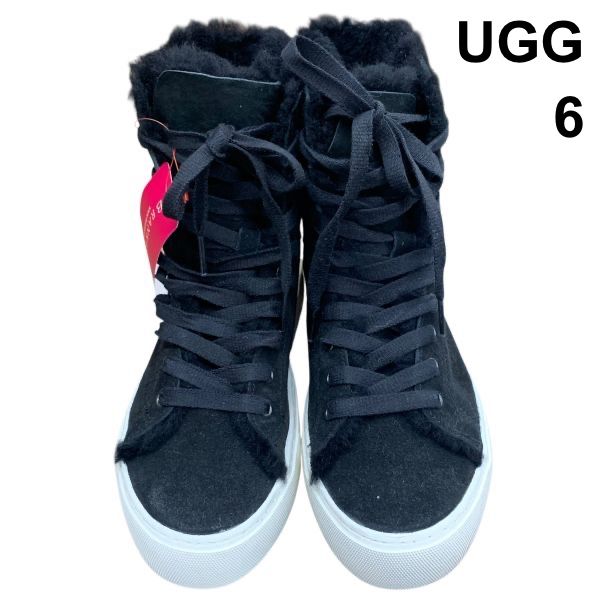 ◆ アグ UGG スニーカー W BEVEN シープスキン ハイカット スエード 裏ボア 厚底 黒 ウール 6 23cm レディース H5X064