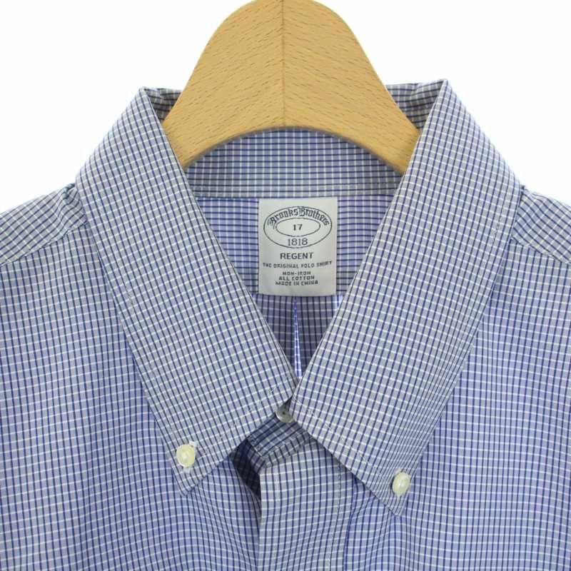 ブルックスブラザーズ BROOKS BROTHERS REGENT ボタンダウンシャツ カジュアルシャツ 半袖 チェック柄 17 XL 靑 ブルー  /BB