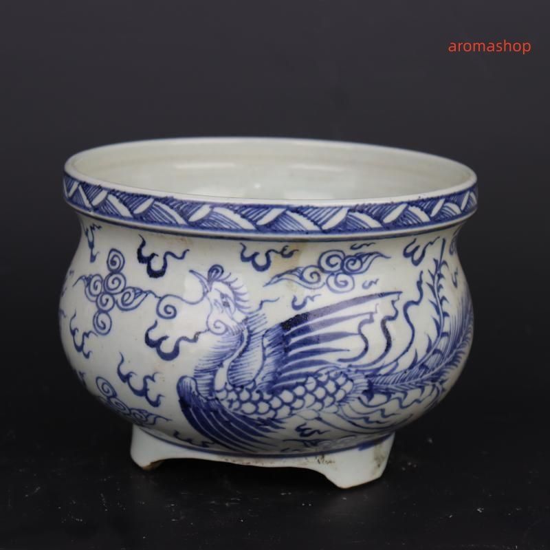 青花双鳳紋三足香炉 焼香炉 奉納香炉景徳鎮 陶磁器 現代工芸品 置物