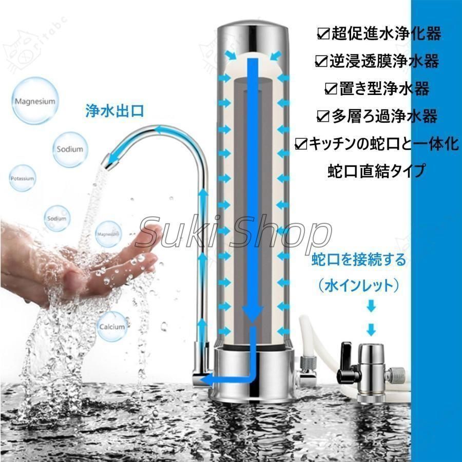 置き型浄水器 ステンレス鋼逆浸透膜浄水器キッチンの蛇口と一体化 蛇口直結タイプ 多層ろ過浄水器 臭い匂除去 ミネラル保留 水道水が名水に変身 スウォーター
