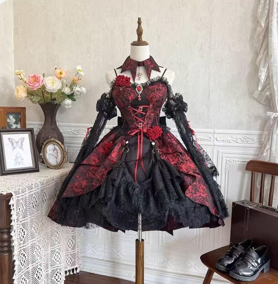 オリジナル ローズ皿JSK ロリータ洋装 取り外し な袖付き ダークゴシック調 ブラック×レッド ジャガード生地 Lolitaドレス