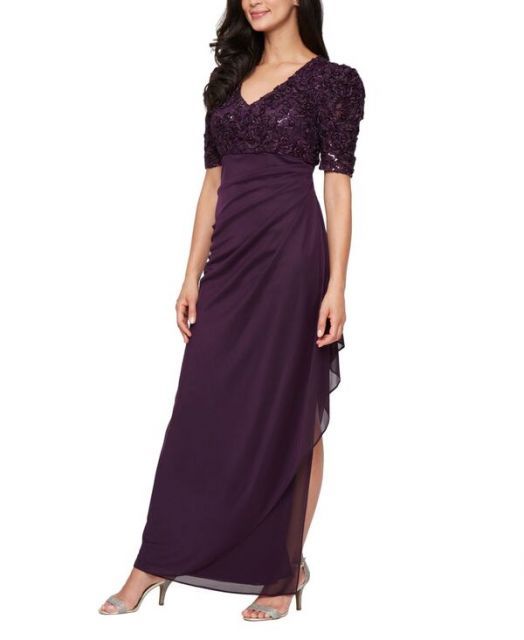 送料無料 アレックスイブニングス レディース ワンピース トップス Women s Embellished Puff-Sleeve A-Line Dress DEEP PLUM