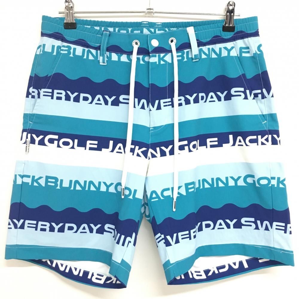 特価【美品】ジャックバニー ハーフパンツ ブルー×グリーン 総柄×ボーダー調  メンズ 5(L) ゴルフウェア 2022年モデル Jack Bunny